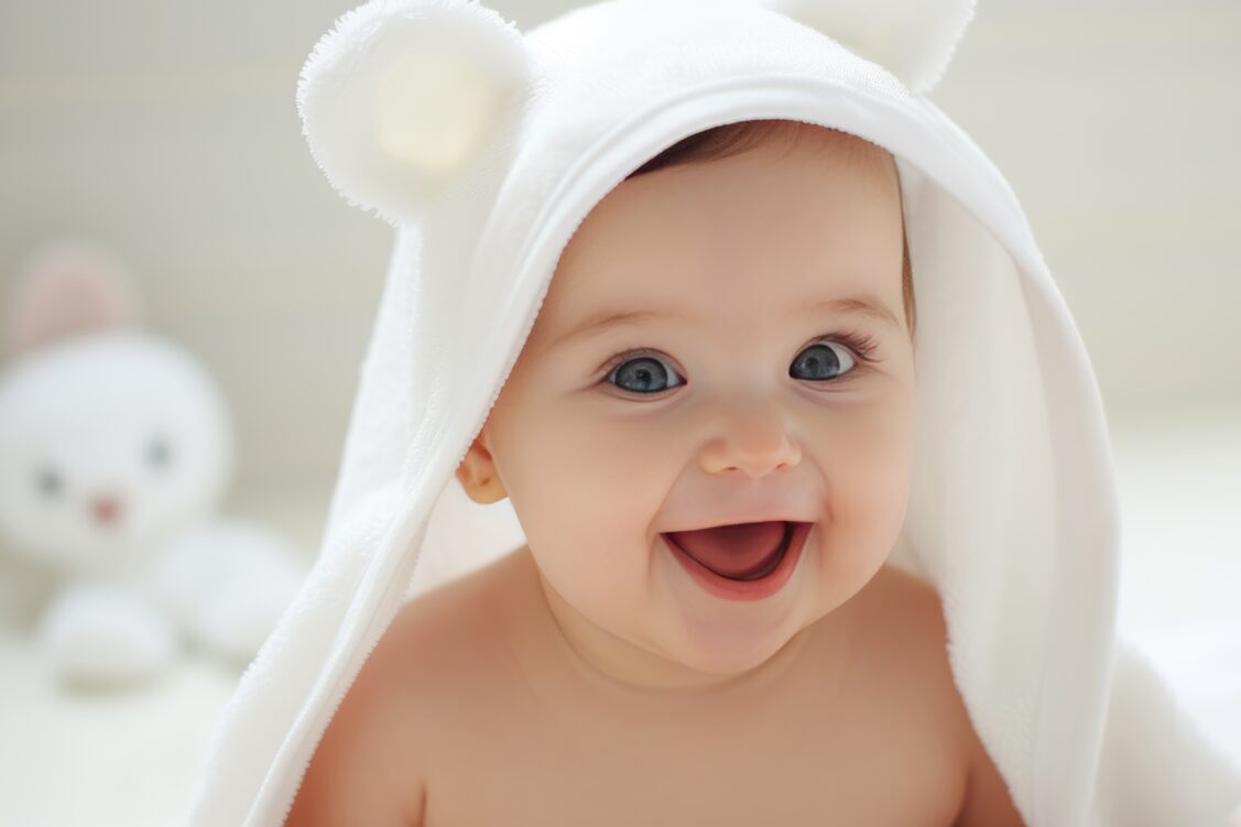 Cute_baby_with_a_towel_on_his_head_smiles_on_a_white_background.