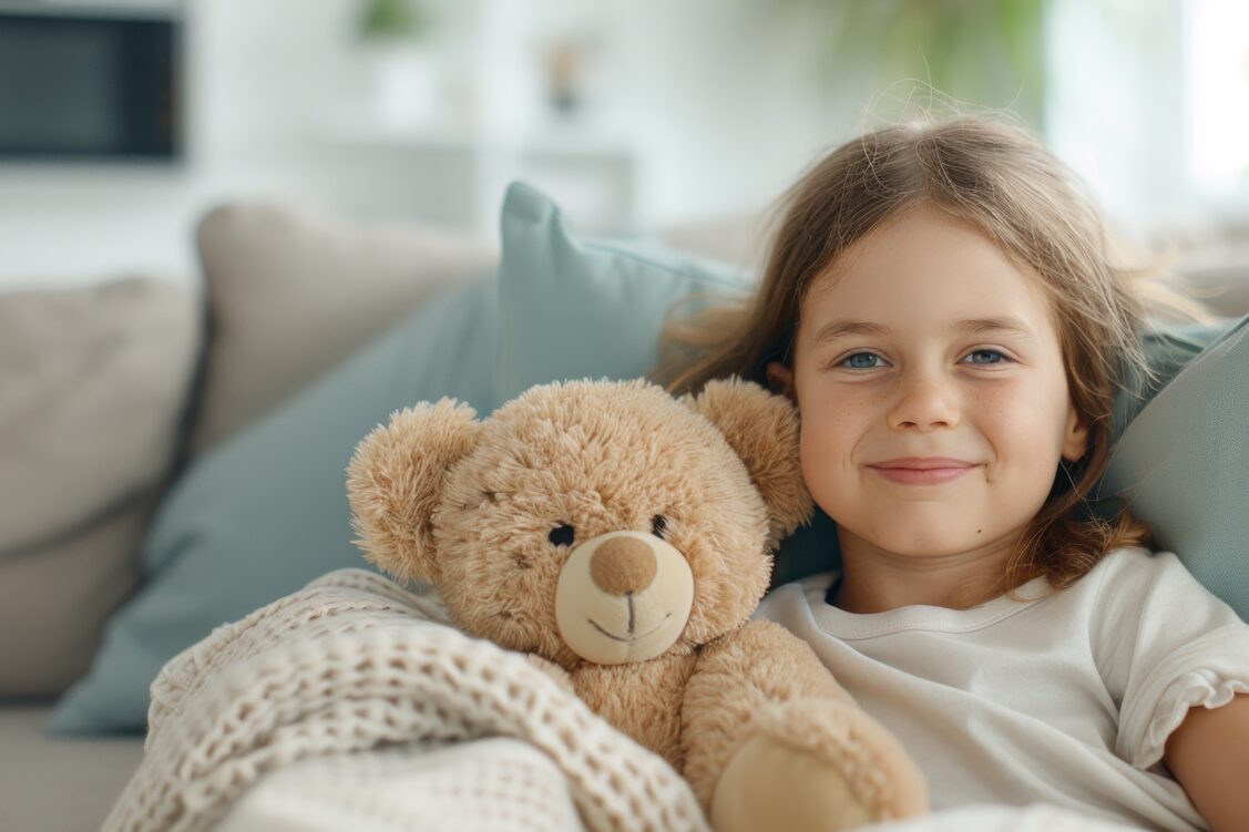 A child sad expression resting in bed with a fever and sick.